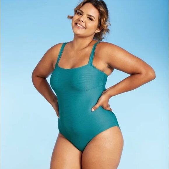 Kona Sol Teal Blue Ribbed One Piece Tie Back Swimsuit XL Extra Large - Picture 1 of 11